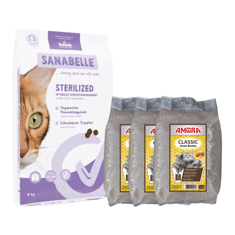 Sanabelle STERILIZED Care 8kg +  kraikas AMORA Classic 36kg / rinkinys