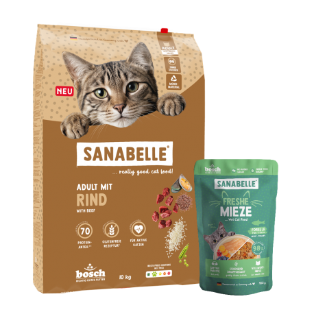 Sanabelle Classic Adult su jautiena 10kg + šlapio ėdalo su upėtakiu 10vnt x 100g
