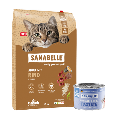 Sanabelle Classic Adult su jautiena 10kg + šlapio ėdalo su upėtakiu 6vnt x 195g