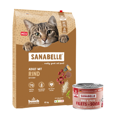 Sanabelle Classic Adult su jautiena 10kg + šlapio ėdalo su kalakutiena 6vnt x 180g