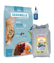 Sanabelle Life KITTEN 8kg / Kraikas AMORA Baby Pudra pilka 15L / Lašišų aliejus 100ml
