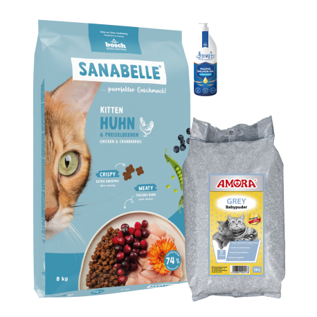 Sanabelle Life KITTEN 8kg / Kraikas AMORA Baby Pudra pilka 15L / Lašišų aliejus 100ml