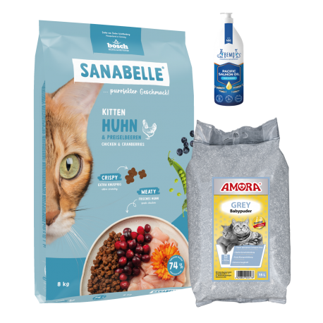 Sanabelle Life KITTEN 8kg / Kraikas AMORA Baby Pudra pilka 15L / Lašišų aliejus 250ml Sanabelle Life KITTEN 8kg / Kraikas AMORA Baby Pudra pilka 15L / Lašišų aliejus 250ml