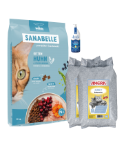 Sanabelle Life KITTEN 8kg / Kraikas AMORA Baby Pudra pilka 30L / Lašišų aliejus 100ml