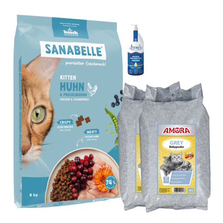 Sanabelle Life KITTEN 8kg / Kraikas AMORA Baby Pudra pilka 30L / Lašišų aliejus 100ml Sanabelle Life KITTEN 8kg / Kraikas AMORA Baby Pudra pilka 30L / Lašišų aliejus 100ml