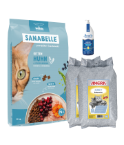 Sanabelle Life KITTEN 8kg / Kraikas AMORA Baby Pudra pilka 30L / Lašišų aliejus 250ml