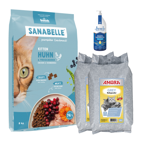 Sanabelle Life KITTEN 8kg / Kraikas AMORA Baby Pudra pilka 30L / Lašišų aliejus 250ml Sanabelle Life KITTEN 8kg / Kraikas AMORA Baby Pudra pilka 30L / Lašišų aliejus 250ml