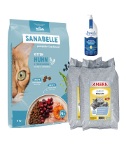 Sanabelle Life KITTEN 8kg / Kraikas AMORA Baby Pudra pilka 30L / Lašišų aliejus 500ml