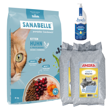 Sanabelle Life KITTEN 8kg / Kraikas AMORA Baby Pudra pilka 30L / Lašišų aliejus 500ml