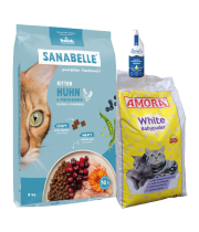 Sanabelle Life KITTEN 8kg + Lašišų aliejus 100ml + Kraikas AMORA Baby Pudra balta 15L