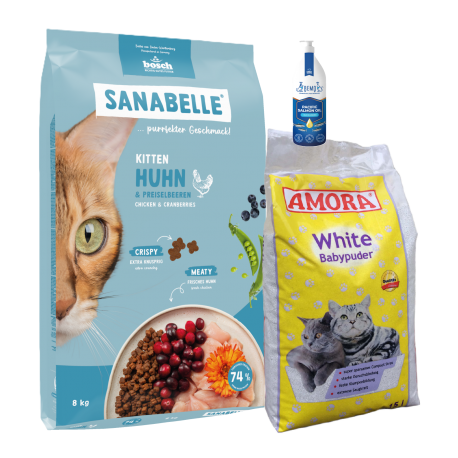 Sanabelle Life KITTEN 8kg + Lašišų aliejus 100ml + Kraikas AMORA Baby Pudra balta 15L Sanabelle Life KITTEN 8kg + Lašišų aliejus 100ml + Kraikas AMORA Baby Pudra balta 15L