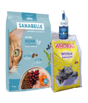 Sanabelle Life KITTEN 8kg + Lašišų aliejus 250ml + Kraikas AMORA Baby Pudra balta 15L