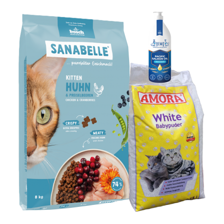Sanabelle Life KITTEN 8kg + Lašišų aliejus 250ml + Kraikas AMORA Baby Pudra balta 15L Sanabelle Life KITTEN 8kg + Lašišų aliejus 250ml + Kraikas AMORA Baby Pudra balta 15L