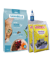 Sanabelle Life KITTEN 8kg + Lašišų aliejus 100ml + Kraikas AMORA Baby Pudra balta 15L x 2