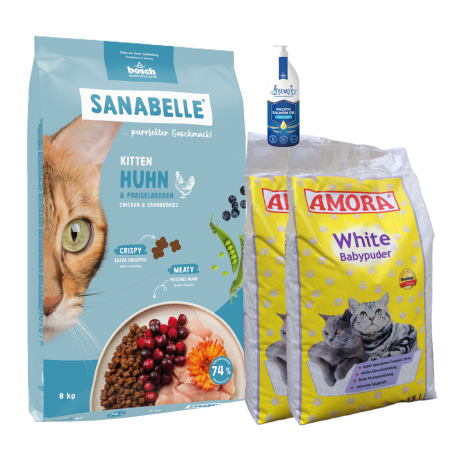Sanabelle Life KITTEN 8kg + Lašišų aliejus 100ml + Kraikas AMORA Baby Pudra balta 15L x 2