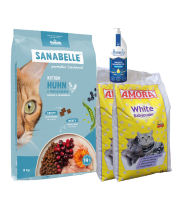 Sanabelle Life KITTEN 8kg + Lašišų aliejus 250ml + Kraikas AMORA Baby Pudra balta 15L x 2