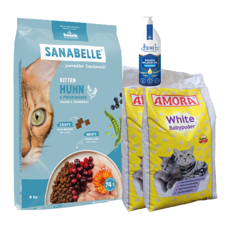 Sanabelle Life KITTEN 8kg + Lašišų aliejus 250ml + Kraikas AMORA Baby Pudra balta 15L x 2