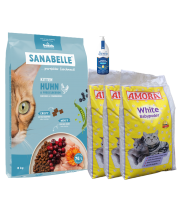 Sanabelle Life KITTEN 8kg + Lašišų aliejus 100ml + Kraikas AMORA Baby Pudra balta 15L x 3