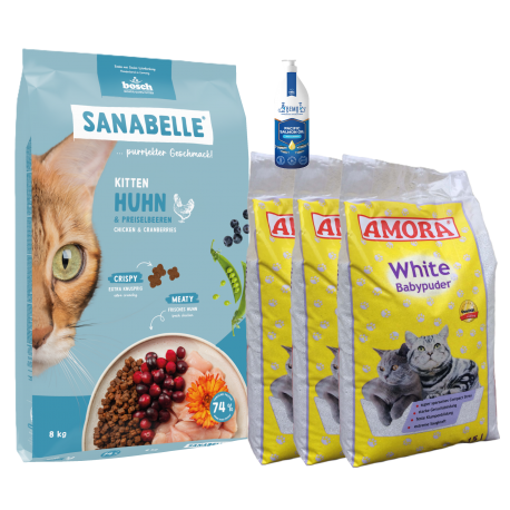 Sanabelle Life KITTEN 8kg + Lašišų aliejus 100ml + Kraikas AMORA Baby Pudra balta 15L x 3