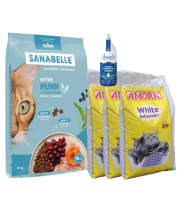 Sanabelle Life KITTEN 8kg + Lašišų aliejus 250ml + Kraikas AMORA Baby Pudra balta 15L x 3