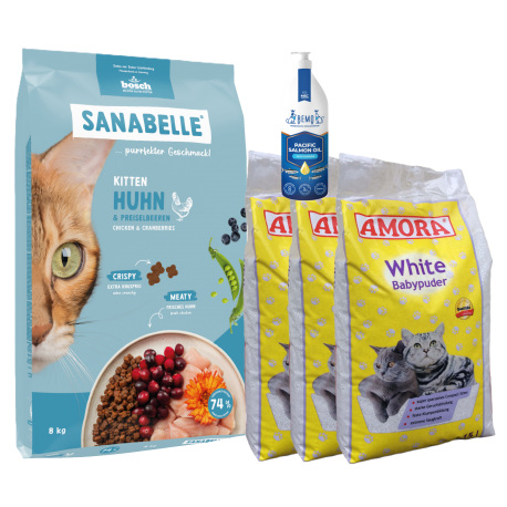 Sanabelle Life KITTEN 8kg + Lašišų aliejus 250ml + Kraikas AMORA Baby Pudra balta 15L x 3 Sanabelle Life KITTEN 8kg + Lašišų aliejus 250ml + Kraikas AMORA Baby Pudra balta 15L x 3