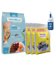 Sanabelle Life KITTEN 8kg + Lašišų aliejus 500ml + Kraikas AMORA Baby Pudra balta 15L x 3