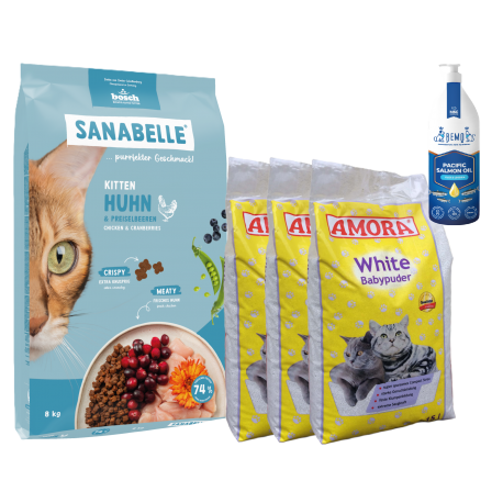 Sanabelle Life KITTEN 8kg + Lašišų aliejus 500ml + Kraikas AMORA Baby Pudra balta 15L x 3 Sanabelle Life KITTEN 8kg + Lašišų aliejus 500ml + Kraikas AMORA Baby Pudra balta 15L x 3