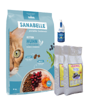 Sanabelle Life KITTEN 8kg + Lašišų aliejus 100ml + Kraikas AMORA Baby Pudra balta 8L x 2