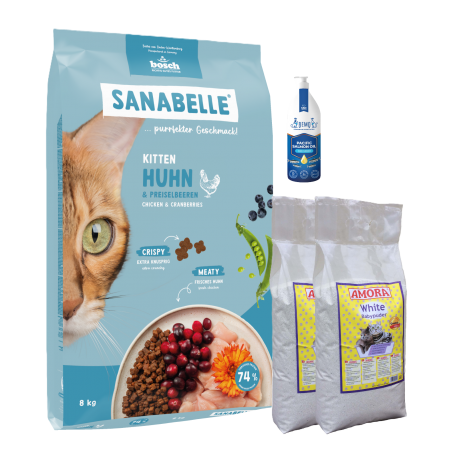 Sanabelle Life KITTEN 8kg + Lašišų aliejus 100ml + Kraikas AMORA Baby Pudra balta 8L x 2 Sanabelle Life KITTEN 8kg + Lašišų aliejus 100ml + Kraikas AMORA Baby Pudra balta 8L x 2