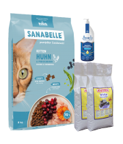 Sanabelle Life KITTEN 8kg + Lašišų aliejus 250ml + Kraikas AMORA Baby Pudra balta 8L x 2