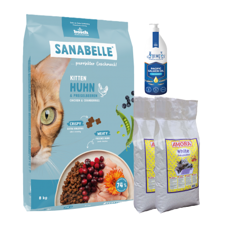 Sanabelle Life KITTEN 8kg + Lašišų aliejus 250ml + Kraikas AMORA Baby Pudra balta 8L x 2