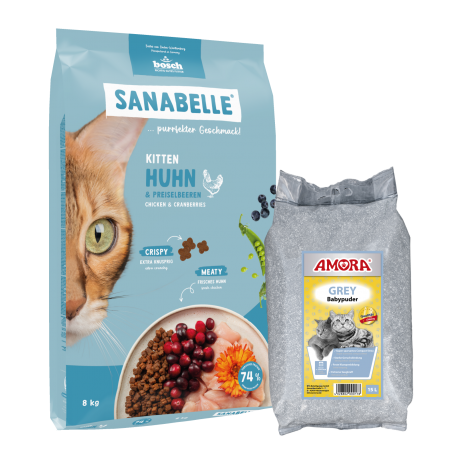 Sanabelle Life KITTEN 8kg + Kraikas AMORA Baby Pudra pilka 15L Sanabelle Life KITTEN 8kg + Kraikas AMORA Baby Pudra pilka 15L