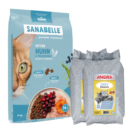 Sanabelle Life KITTEN 8kg + Kraikas AMORA Baby Pudra pilka 15L x 2 Sanabelle Life KITTEN 8kg + Kraikas AMORA Baby Pudra pilka 15L x 2