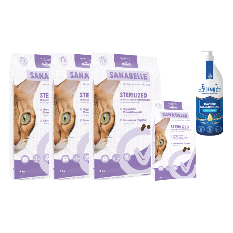 Sanabelle STERILIZED Care 8kg x 3 + 2kg + Lašišų aliejus 1000ml Sanabelle STERILIZED Care 8kg x 3 + 2kg + Lašišų aliejus 1000ml