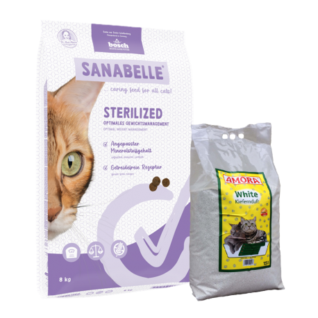 Sanabelle STERILIZED Care 8kg +  kraikas AMORA pušų kvapo 15L / rinkinys