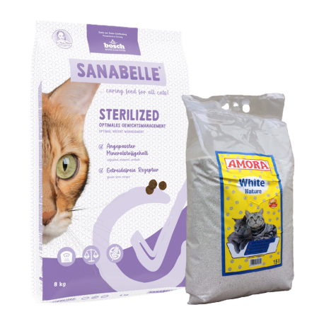 Sanabelle STERILIZED Care 8kg +  kraikas AMORA WHITE Nature 15L / rinkinys