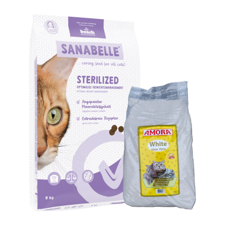 Sanabelle STERILIZED Care 8kg +  kraikas AMORA Aloe Vera 15L / rinkinys