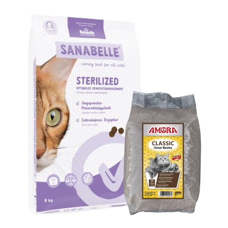 Sanabelle STERILIZED Care 8kg +  kraikas AMORA Classic 12kg / rinkinys