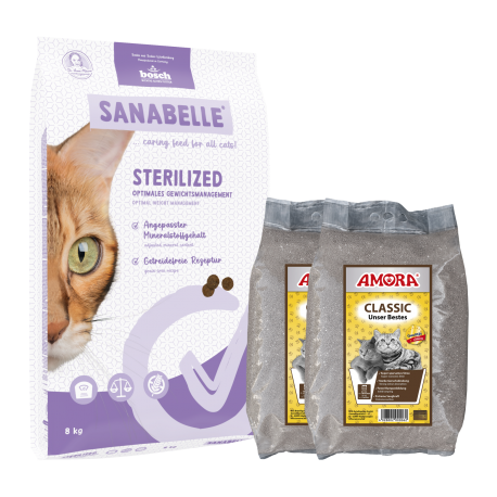 Sanabelle STERILIZED Care 8kg +  kraikas AMORA Classic 24kg / rinkinys