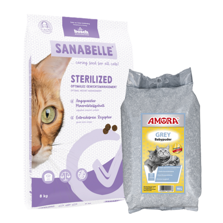 Sanabelle STERILIZED Care 8kg +  kraikas AMORA Powder Grey 15L / rinkinys