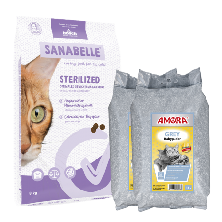 Sanabelle STERILIZED Care 8kg +  kraikas AMORA Powder Grey 30L / rinkinys