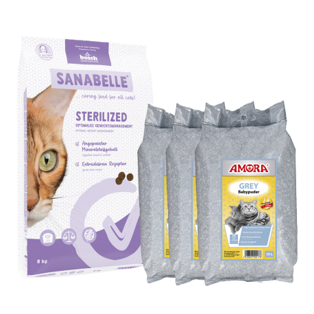Sanabelle STERILIZED Care 8kg +  kraikas AMORA Powder Grey 45L / rinkinys