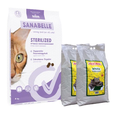 Sanabelle STERILIZED Care 8kg +  kraikas AMORA pušų kvapo 30L / rinkinys