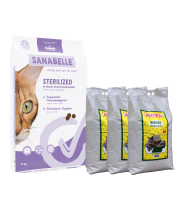 Sanabelle STERILIZED Care 8kg +  kraikas AMORA pušų kvapo 45L / rinkinys