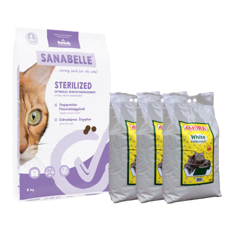 Sanabelle STERILIZED Care 8kg +  kraikas AMORA pušų kvapo 45L / rinkinys