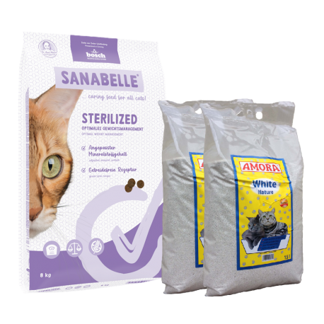 Sanabelle STERILIZED Care 8kg +  kraikas AMORA WHITE Nature 30L / rinkinys