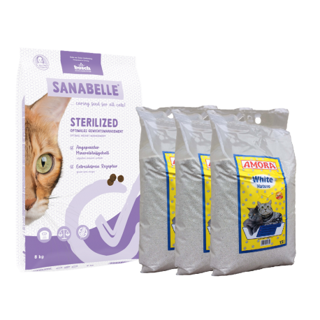 Sanabelle STERILIZED Care 8kg +  kraikas AMORA WHITE Nature 45L / rinkinys